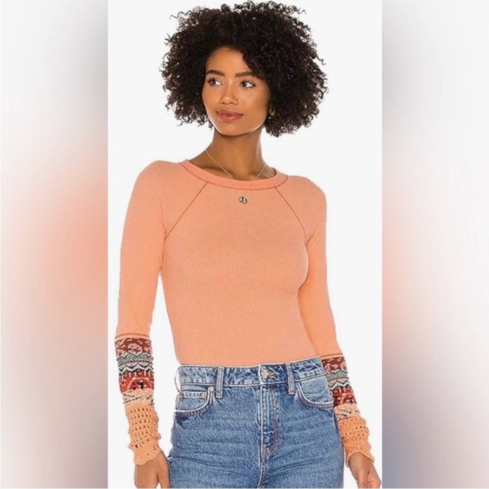 Free People Coral Long Sleeve Top with Patterned Sleeves